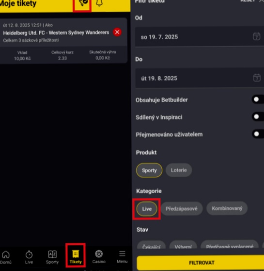 Live sázky mobil přihlášení